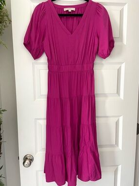 LOFT Petites Magenta Pink Tiered Cutout Back Midi Dress SP